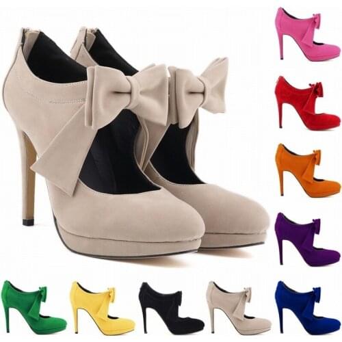 LOSLANDIFEN Nestest Fashion Women High Heels Shoes 11CM Platform Pumps Candy Color Bow Nightclub Flock Wedding Plus Size