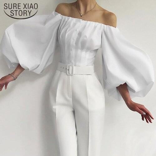 Fashion Vintage Button White Blouse Autumn Sexy Off Shoulder Lantern Sleeve Blouse Elegant Pleated Slim Black Shirt Blusas 16970