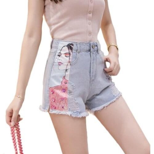 Fashion Printed Beaded Denim Shorts Women Summer New Shorts With Raw Edges Holes Korean High-waist Loose Light-colored Hot Pants