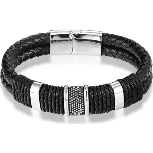 JANEYACY Brand Fashion Men Charm Bracelet Black Leather Bracelet Stainless Steel Magnetic Clasps Bracelets Male Vintage Jewelry