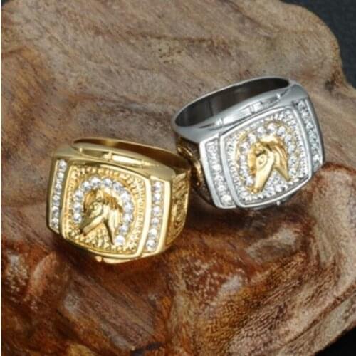 Mens Gold Color Crystal Hip Hop Horse Head Ring Horse Racing Association Animal Zodiac Ring Titanium Steel Jewelry