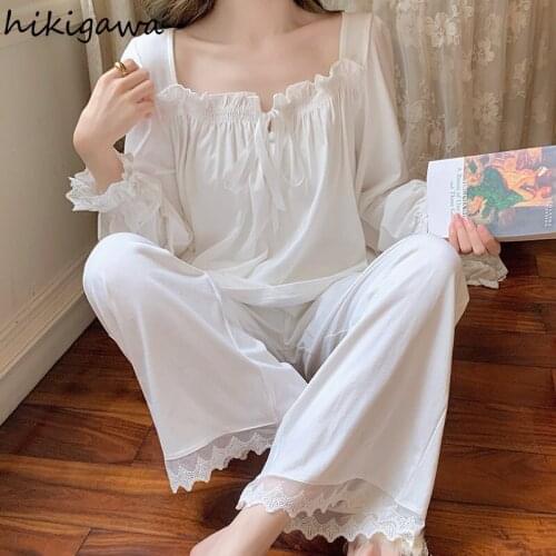 Hikigawa French Elegant Pajamas Women Spring Summer Long-sleeve Square Collar Thin White Home Service Lace Patchwork Pajama Sets