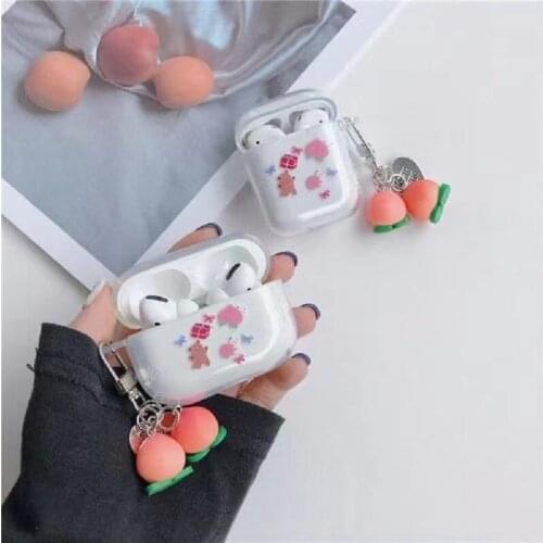 Simple Peach Pattern Case for AirPods 1 2 Wireless Bluetooth Earphone Cover for AirPods Pro Transparent Soft Shell With Pendant