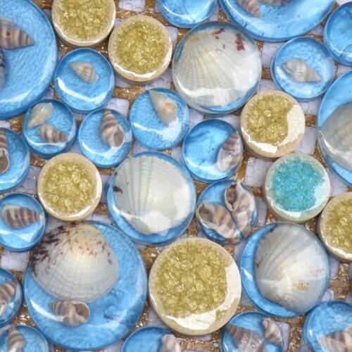 Mediterranean Blue Round Resin Natural Mother of Pearl Shell Ceramic Mosaic Tile for Bathroom Kitchen Backsplash Tile Fireplace