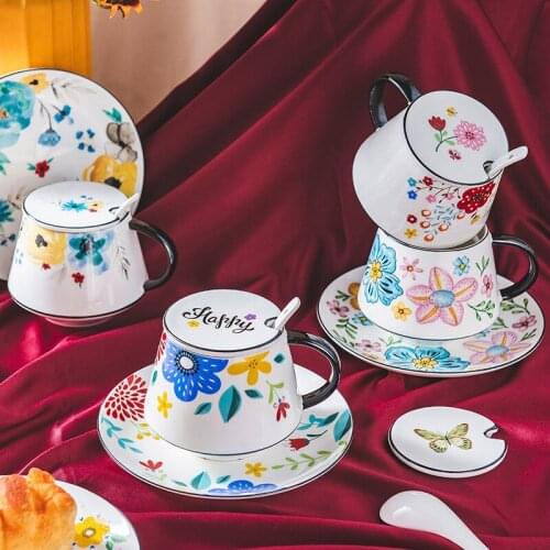 Mark Cup Creative Ceramic with Lid with Spoon Hand-painted Home Milk Breakfast with Handle Water Cup Personality Trend