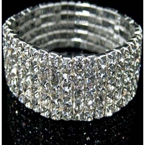Wedding Jewelry 5 Rows Clear Transparent Rhinestone Stretchy Bride Bangles 12pcs/Lot