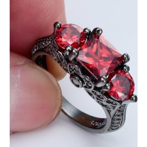Women Black Gold Filled Princess Cut Red Zircon Rings Party Jewelry Set Size 6 7 8 9 10