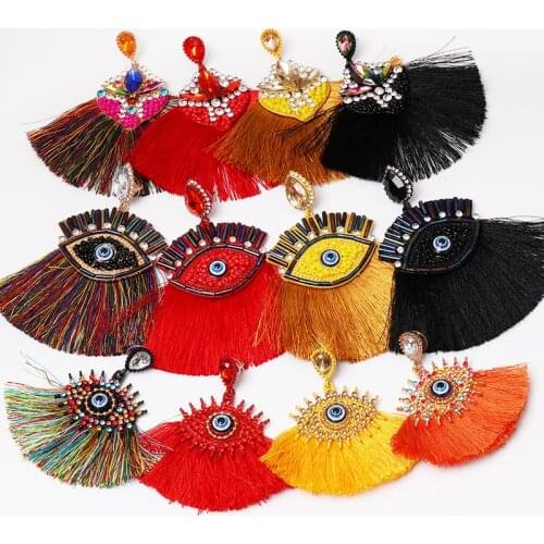 JUJIA Ethnic Big Fringed Earrings Evil Eye Tassel Earrings For Women Fashion Jewelry Female Bohemian Hanging Drop Earrings