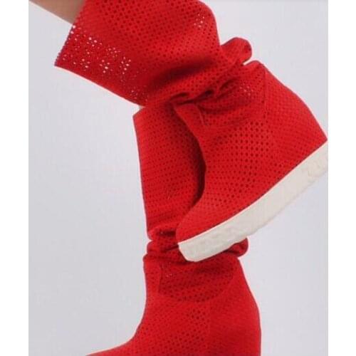 Women Rubber Boots Red Fashion Hidden Wedge Platform Cut-out Sandals Boots Woman Rome Style Suede Knee High Long Boots Shoes