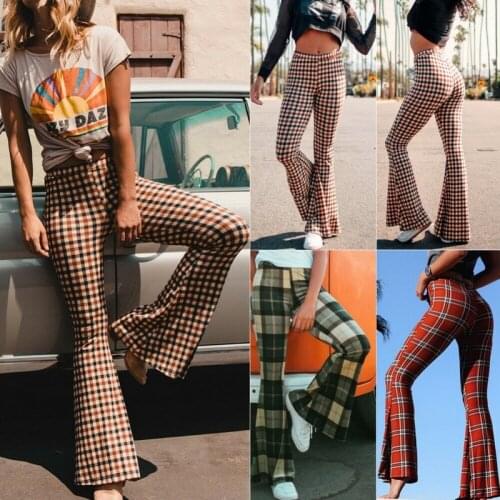 Female All-Match Green Stretch Bell-Bottom Boho Hippie Girls Pants Women Vintage High Waist Bell Bottom Plaid Long Flare Pants