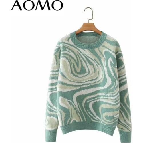 AOMO Women Green Knitted Sweater Jumper O Neck Female High Street Oversize Pullovers Chic Tops 2X27A