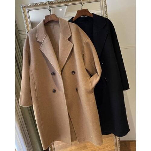 2021 Suit Collar Sheep Silhouette Double Breasted Double-sided Wool Coat Womens Long Winter Style
