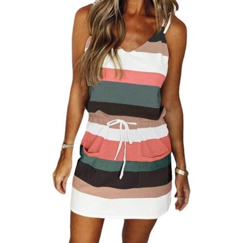 Women Dress V-neck Adjustable with Drawstring elegant Sleeveless Summer Drawstring Waistband Lady Dress Summer 2021