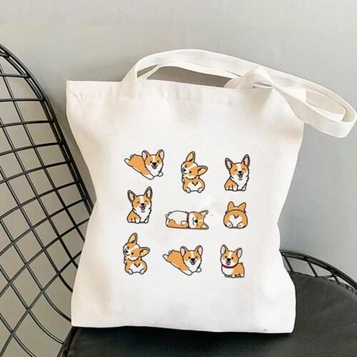 2021 Shopper Kawaii Cartoons Corgi Printed Tote Bag women Harajuku shopper handbag girl Shoulder shopping bag Lady Canvas Bag