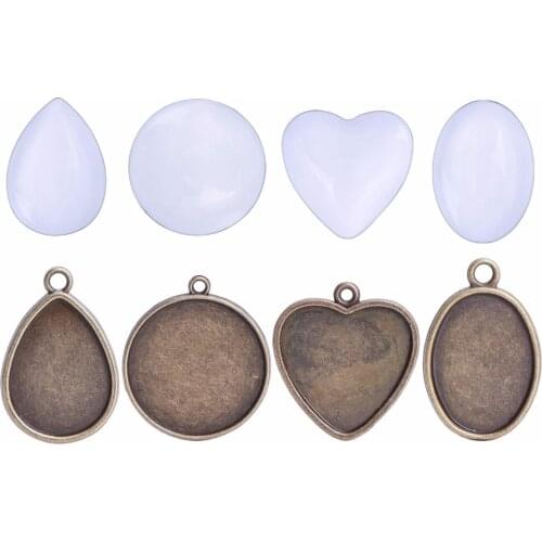 DIY 20 Pieces Glass Cabochon Clear Cameo Dome Tiles with 12 Pieces Pendant Trays Bezel, Heart, Oval, Round, Water Drop Shape