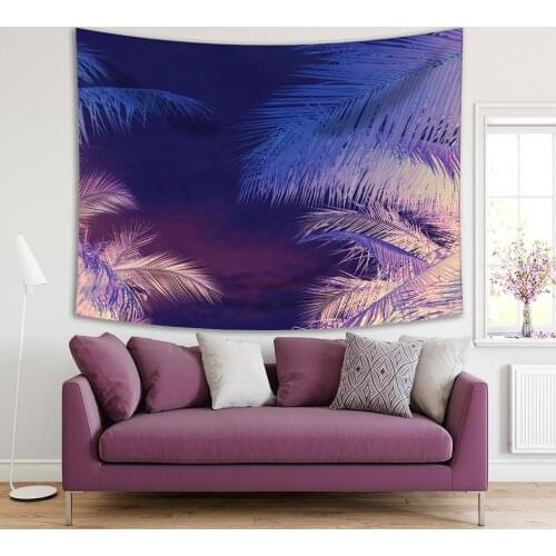 Tapestry Palm Tree Branches Leaves Against Sky Tropical Coast Stylized Photo Printed Blue Purple