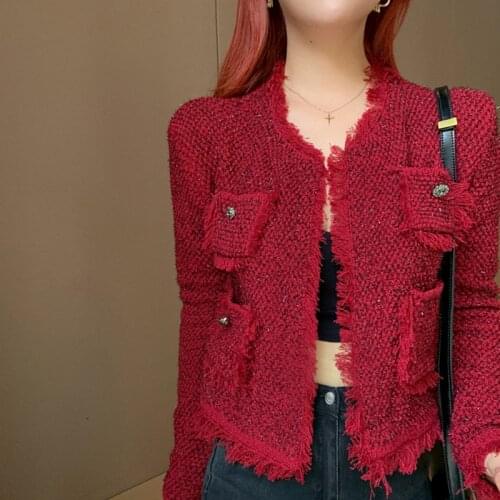 Red Tweed Jackets Coat O-Neck Long Sleeve Tassel Plaid Sequins Autumn Winter Jacket Elegant Vintage Outwear Pockets 2020 B245