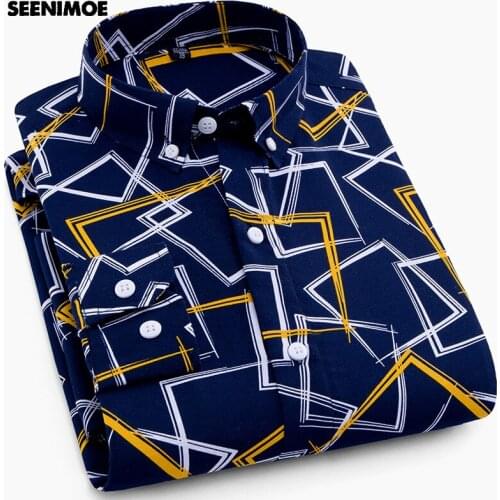 Seenimoe Mens Spring Autumn Casual Shirts S-4XL Polyester Fiber Printed Shirt Men Full Sleeve Smart Casual Shirts Drop Shipping