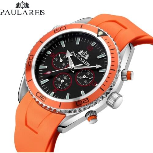 Men Automatic Self Wind Mechanical Rubber Strap Orange Blue Black Dial Rotatable Bezel Classic Watch