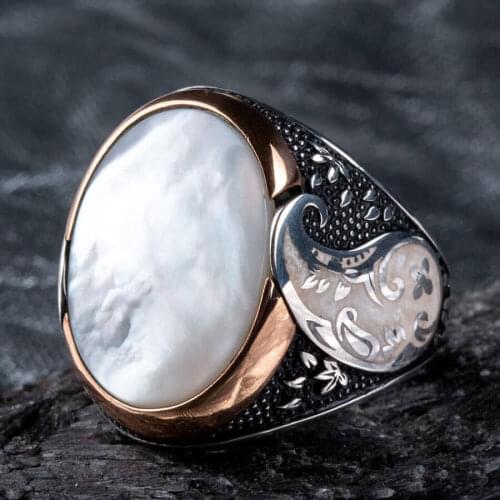 Handcarved Oval White Pearl Stone Symmetrically Ornate Men Ring Vintage Men Silver Accessories Top Quality Ring
