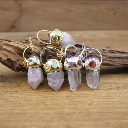 Raw Crystal Point Inlay Amethysts Druzy Hoop Pendants Chains,Natual Quartz Charms Necklace Women Jewelry Dropshipping,QC3083