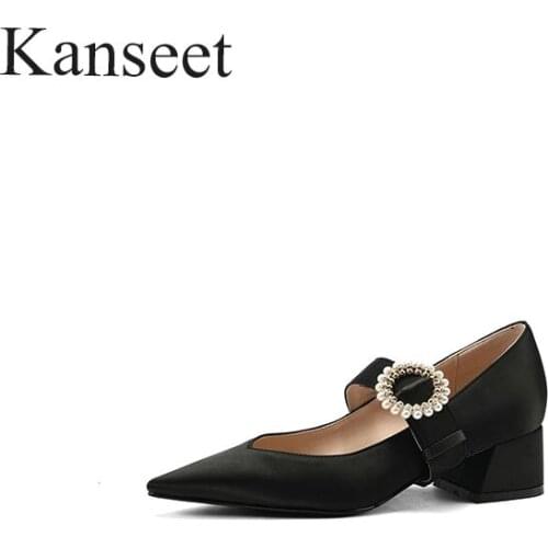 Kanseet 2021 New Women Pumps Spring Autumn Silk cloth Pointed Toe Fashion Design Handmade Footwear Shallow Mid Thick Heel Shoes