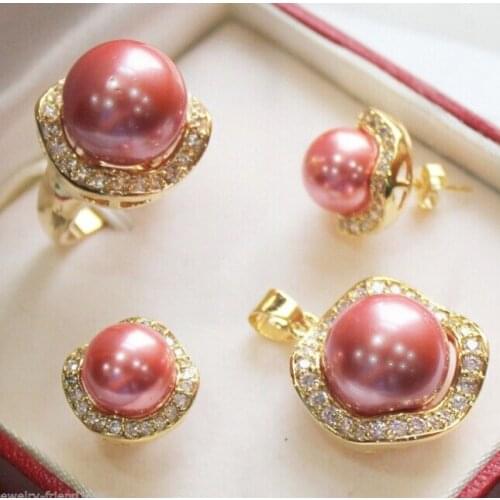 New Inlay Crystal Pink shell Pearl Jewelry Set + Free chain AAA style 100% Natural