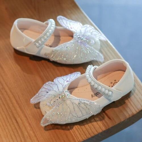 Autumn Butterfly Rhinestone Bling Pearl Baby Girls Shoes Kids Leather Party Performance Beading Single Shoes