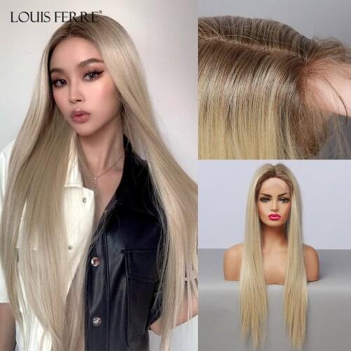 LOUIS FERRE Synthetic Lace Front Wig Ombre Blodne Long Straight Wigs Heat Resistant 13*1 Middle Parted Lace Wigs for White Women