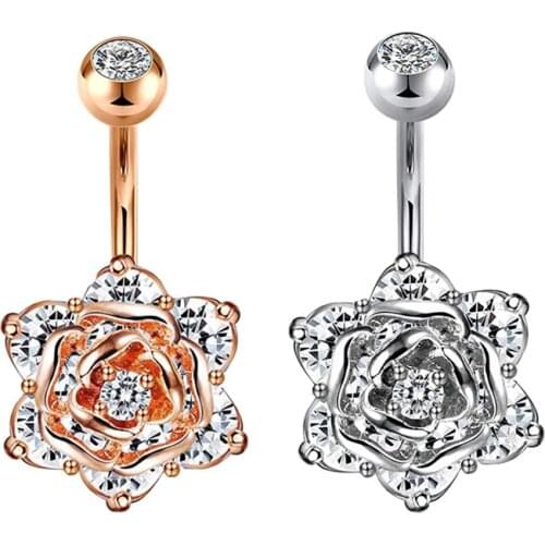 JUNLOWPY Stainless Steel Crystal Belly Button Piercing Bar 14G Cute Belly Ring Rose Sexy Navel Piercing Bar Body Jewelry Lot