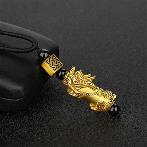 Pixiu Pendant Necklace Symbol Wealth and Good Luck Charm Necklace Chinese Feng Shui Faith Obsidian Stone Beads Necklaces