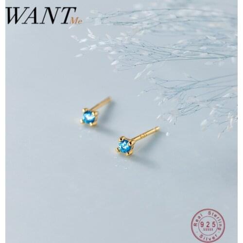 WANTME Real 925 Sterling Silver Minimalist Blue Zircon Mini Small Stud Earrings for Women Teen Students Chic Jewelry Accessories
