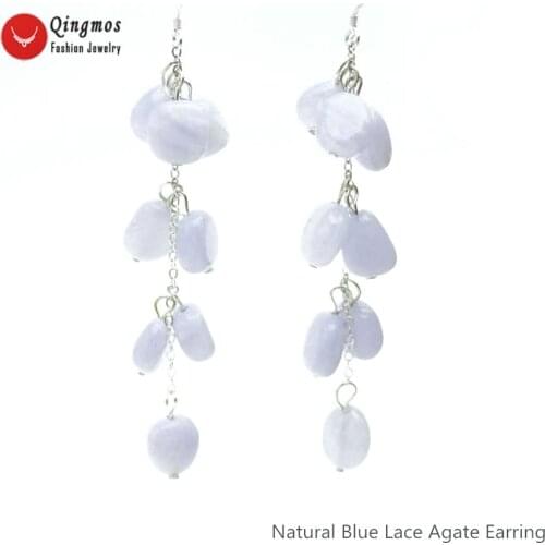 Qingmos Natural Blue Lace Agates Stone Earrings for Women with Baroque 8-10mm Blue Lace Agates Dangle Earring Jewelry 3.5'' e744