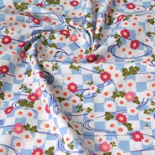 Japanese Style Daisy Chequer Print 100% Cotton Fabric for Girl Clothes Home Textile Quilting Backpacks Cushion Cover DIY