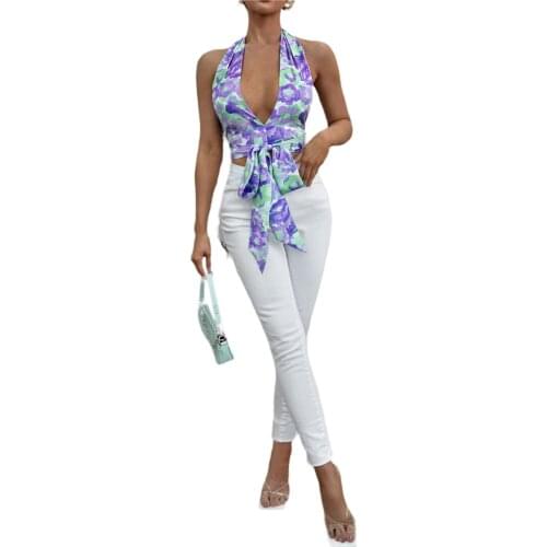 Sexy Women Summer Polyester Tank Tops Floral Halter Neck Low-Cut Sleeveless Backless Tied Straps Crop Tops for Girls 3 Colors