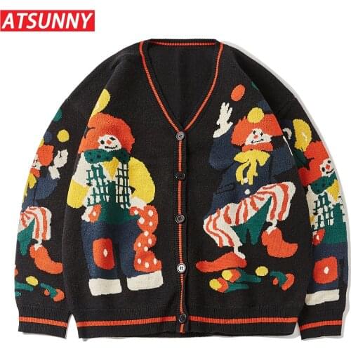 ATSUNNY Embroidery Magic Clown Harajuku Sweater Retro Style Knitted Sweater Autumn Cardigan Tops
