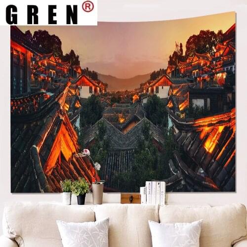 GREN Vintage Lights Rural Town Tapestry Hanging Covering Rugs Background Cloth Beach Mat Blanket Art Bedroom Living Home Decor
