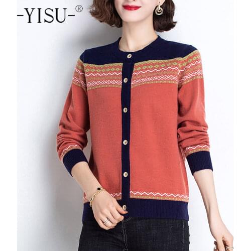 YISU Cardigan Women 2021 Spring Autumn Fashion Elegant knitted Cardigan Soft Warm Sweater Coat O-Neck Printed Cardigan Women