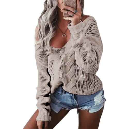 Women Long Sleeve Cable Knit Sweater Sexy V-Neck Off Shoulder Loose Jumper Tops MXMA