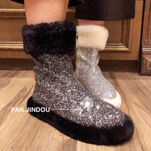 Women 2020 Winter New wool sequined thick soled warm middle boot snow boots
