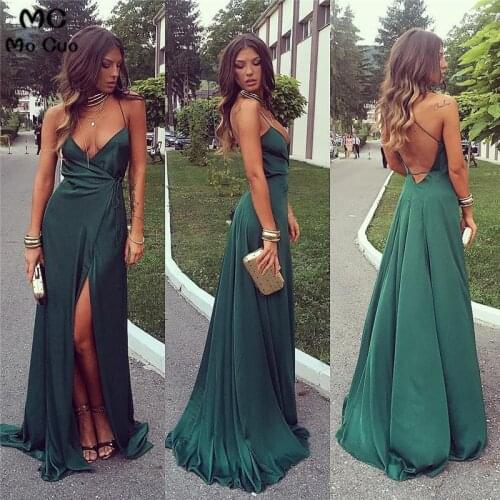 2019 Teal Wine Red Spaghetti Straps Evening Dresses Long with Pockets Front Split Satin Formal Evening Party Dress for Women