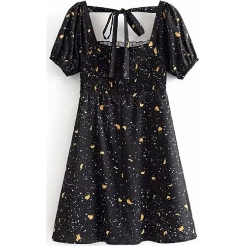 2021 Summer Ladies Dress Square Neck Printed Belt Back Puffy Sleeves Korean Style Fashion Temperament First Love Dress Costume