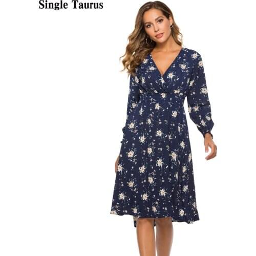 Female Elegant Print Dress Fall Long Sleeve V Neck Sexy Vestidos De Fiesta Bohemia Chiffon Vestidos Verano Casual Mid Dresses