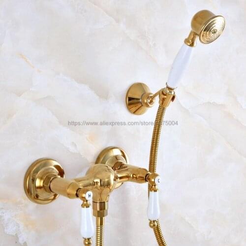 Gold Color Brass Bathroom Rainfall Hand Shower Faucet Set Mixer Tap With Hand Sprayer Wall Mounted Nna985