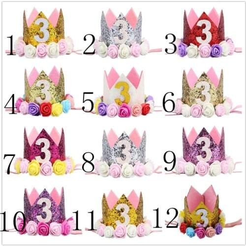 10PCS/Lots Baby Sparkle Hats with Artificial Rose Flower 3th Birthday Party Cake Hat Princess Tiara Crown