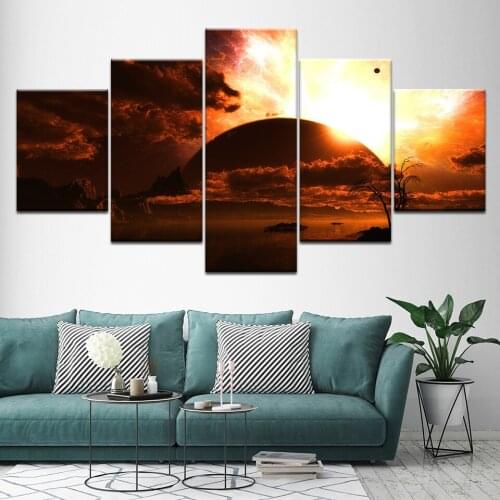 5 Panel Wall Art Trees Sunset Lake Poster Art Canvas Print Huge Pictures for Home Room Wall Decor Canvas Painting Decoration