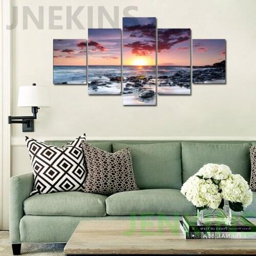 No Framed 5 Pieces Abstract Setting Sun and The Sea Painting on Canvas Prints Seascape Decorative Pictures Home Decor Wall Art