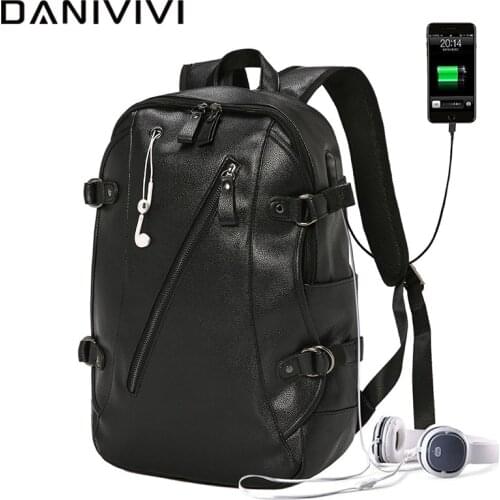 Black Leather Mens Backpack Laptop Travel School Bag High Quality Men Daypack Korea Style Casual USB Charge Travel Backpack Sac