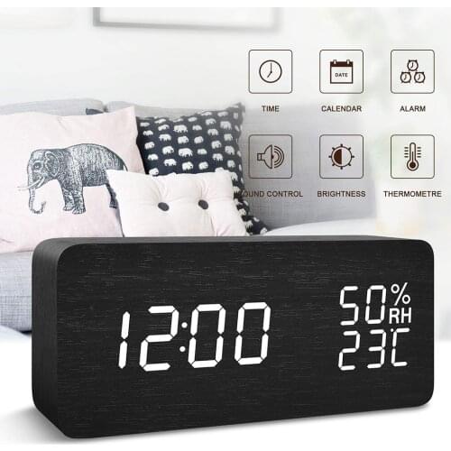 Wooden Block Digital LED Clock Fashion Multifunction Electronic Alarm Clocks Voice Control Temperature and Humidity Clock
