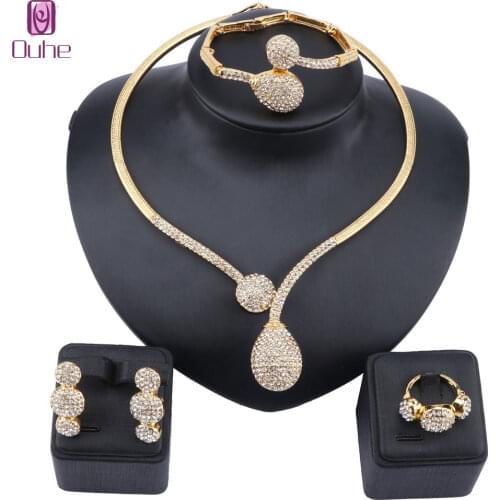 Dubai Crystal Jewelry Sets Classic Water Drop Shape Necklace Bracelet Earrings Ring for Women Wedding Bride Jewelry Set
